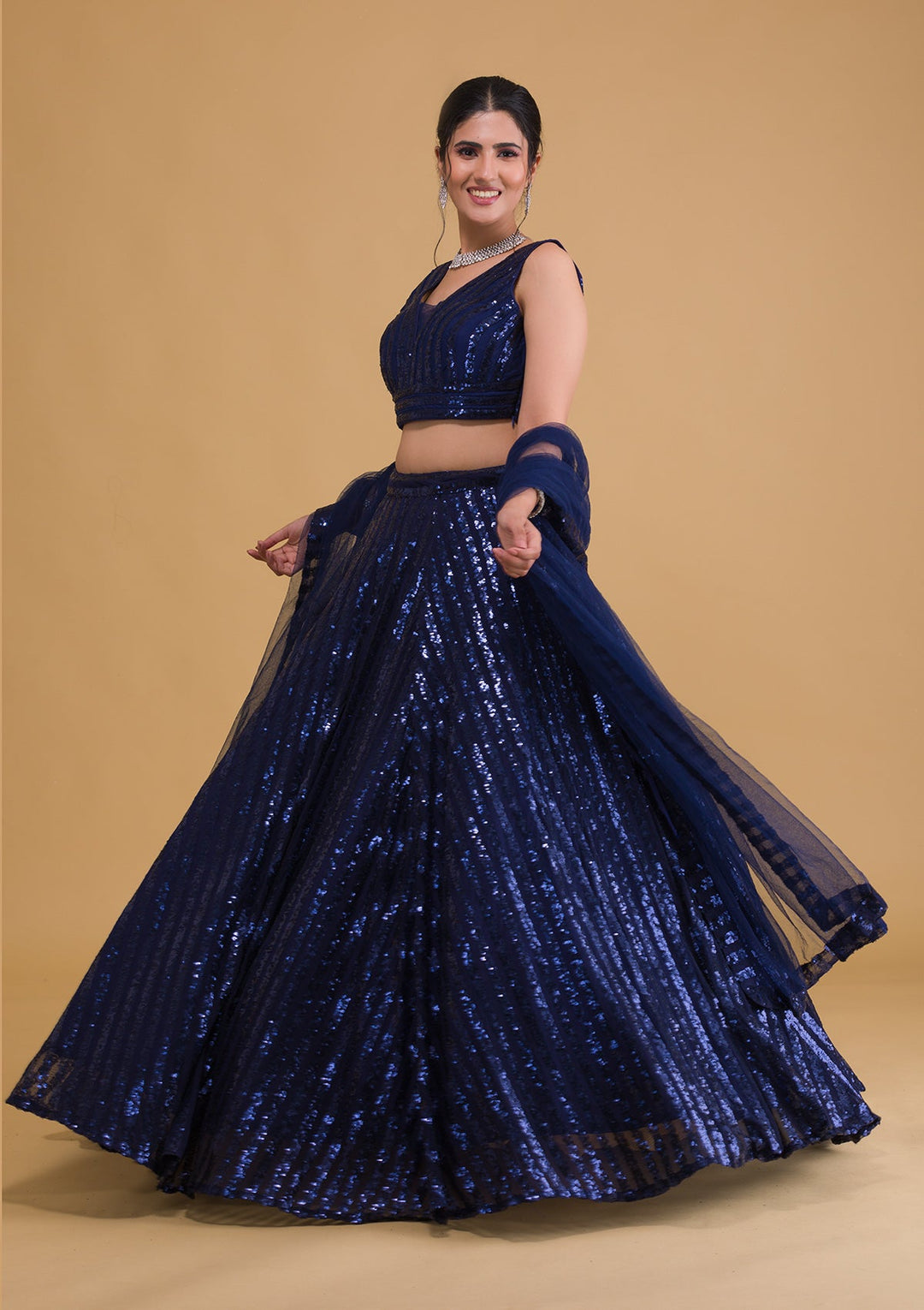 Navy Blue Sequins Net Readymade Lehenga-Koskii