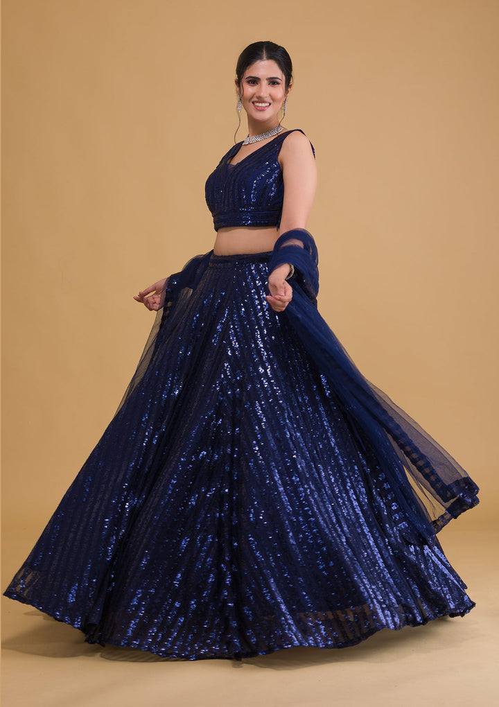Navy Blue Sequins Net Readymade Lehenga-Koskii
