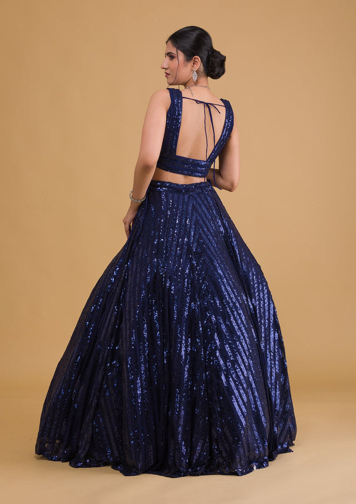 Navy Blue Sequins Net Readymade Lehenga-Koskii