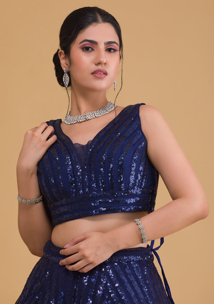 Navy Blue Sequins Net Readymade Lehenga-Koskii