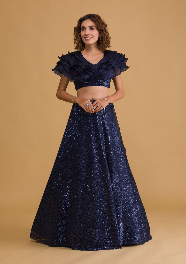 Navy Blue Sequins Net Designer Lehenga-Koskii