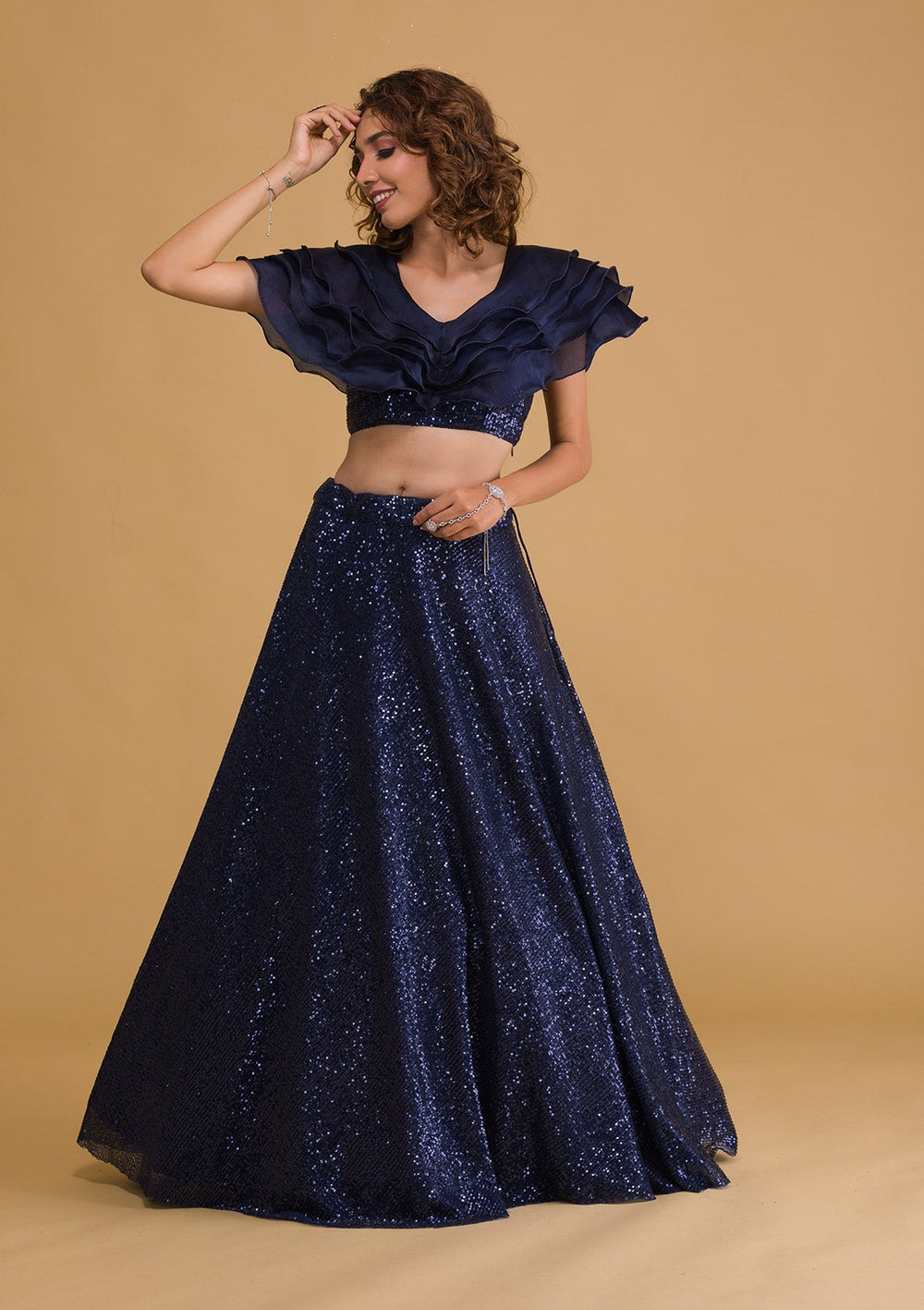 Navy Blue Sequins Net Readymade Lehenga-Koskii