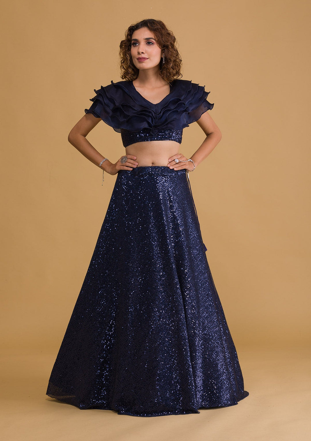 Navy Blue Sequins Net Readymade Lehenga-Koskii