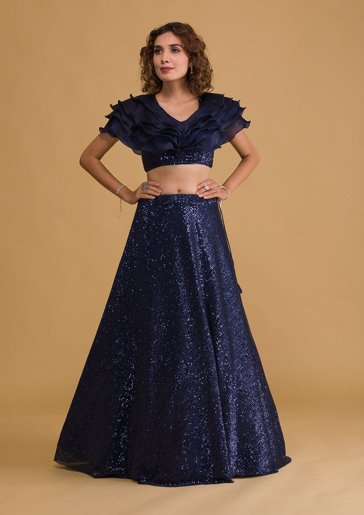 Navy Blue Sequins Net Readymade Lehenga-Koskii
