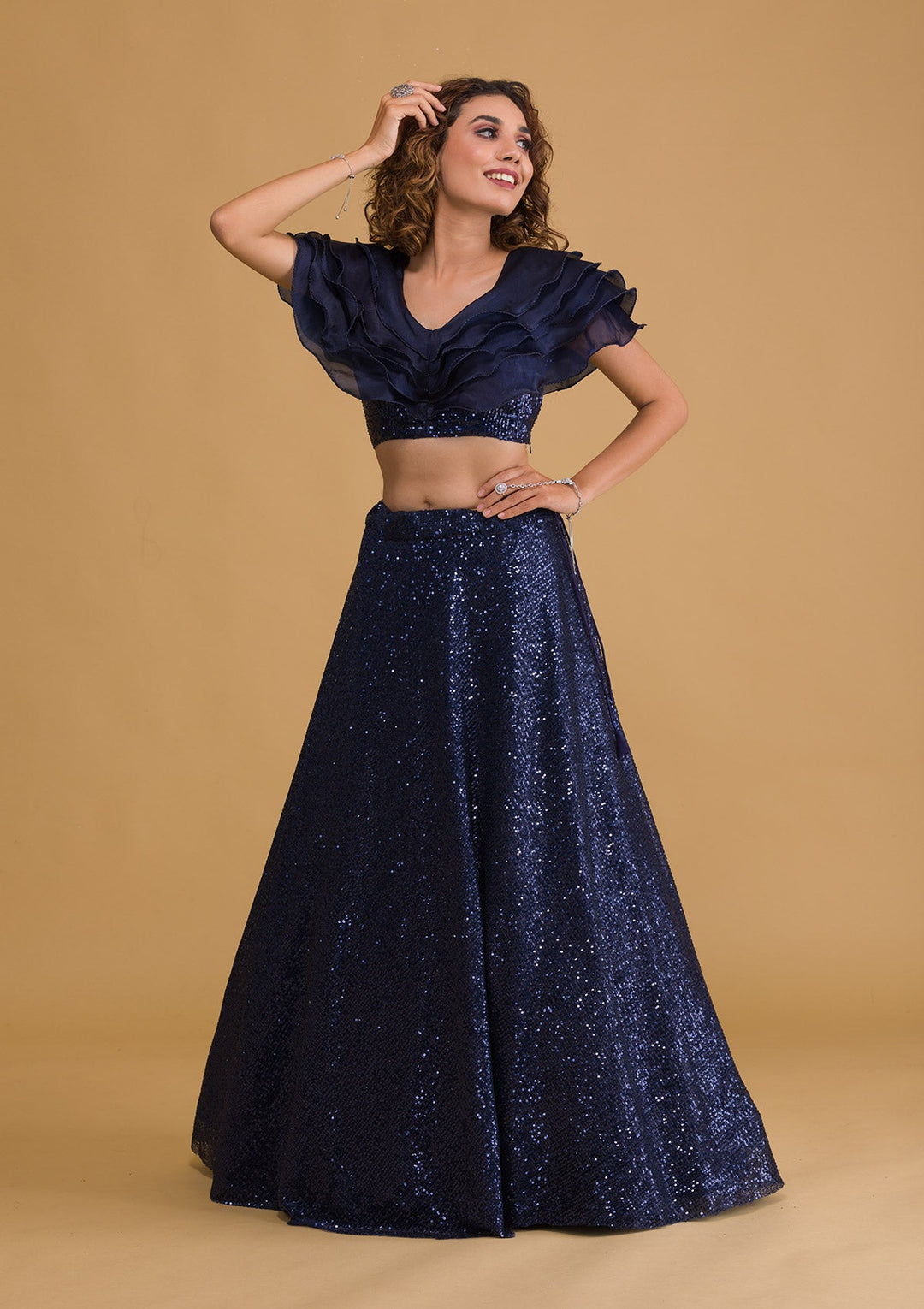 Navy Blue Sequins Net Readymade Lehenga-Koskii