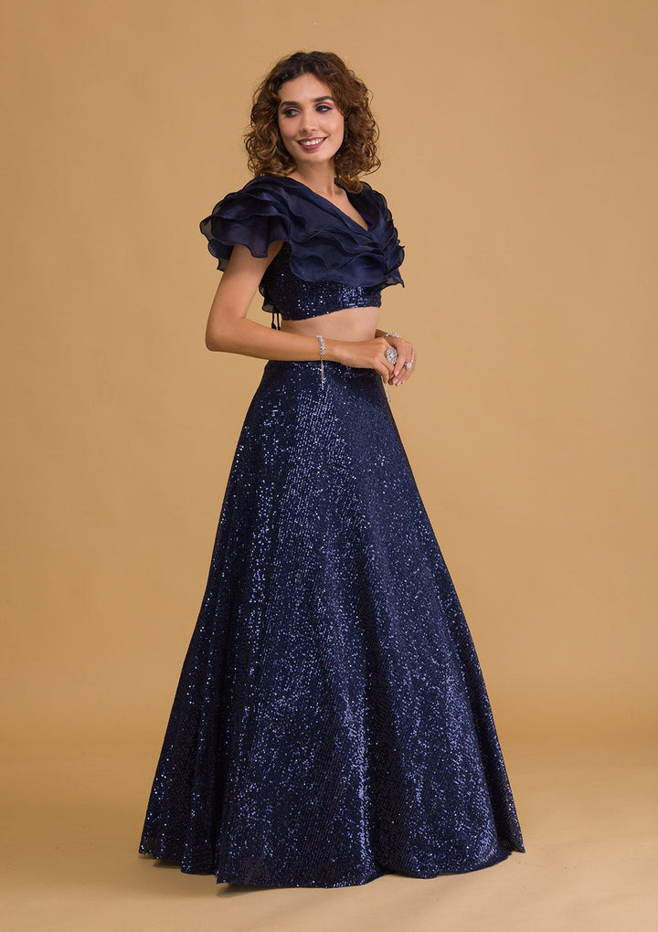 Navy Blue Sequins Net Readymade Lehenga-Koskii