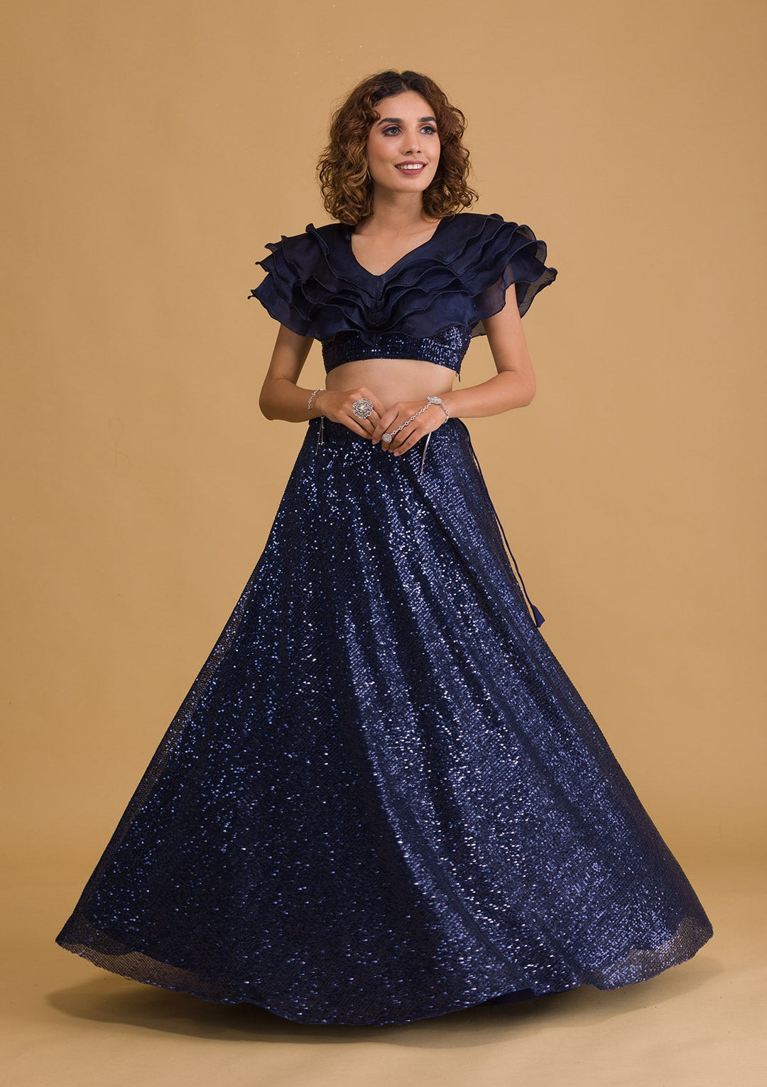 Navy Blue Sequins Net Readymade Lehenga-Koskii