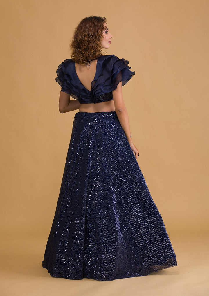 Navy Blue Sequins Net Readymade Lehenga-Koskii
