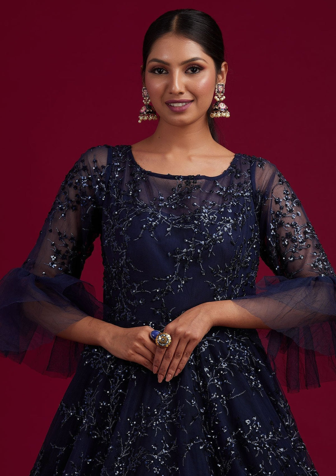 Navy Blue Sequins Net Designer Gown - koskii