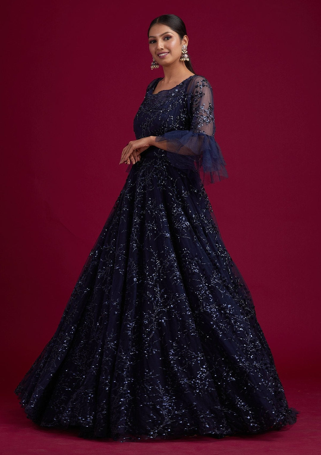 Navy Blue Sequins Net Designer Gown - koskii