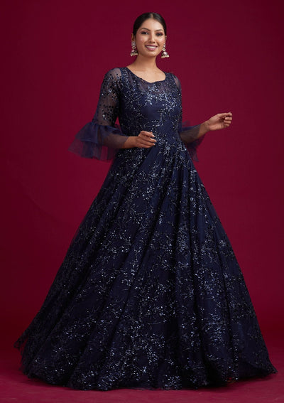 Navy Blue Sequins Net Designer Gown - koskii