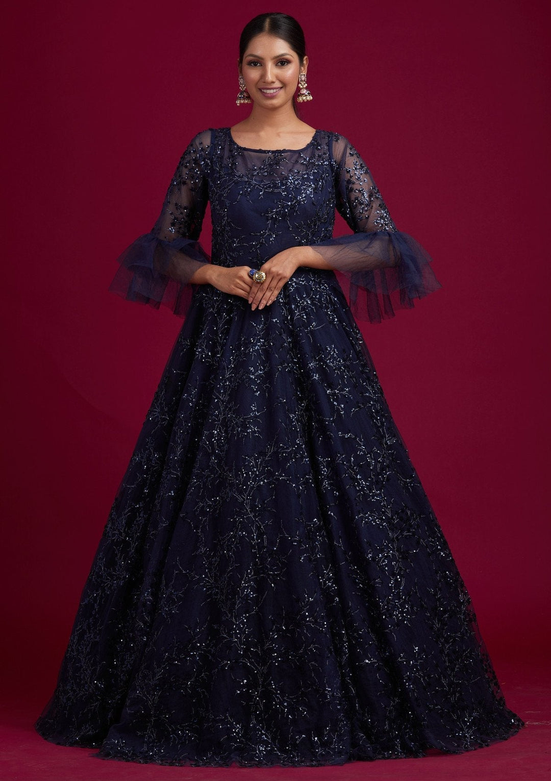 Navy Blue Sequins Net Designer Gown - koskii