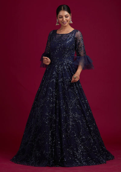 Navy Blue Sequins Net Designer Gown - koskii