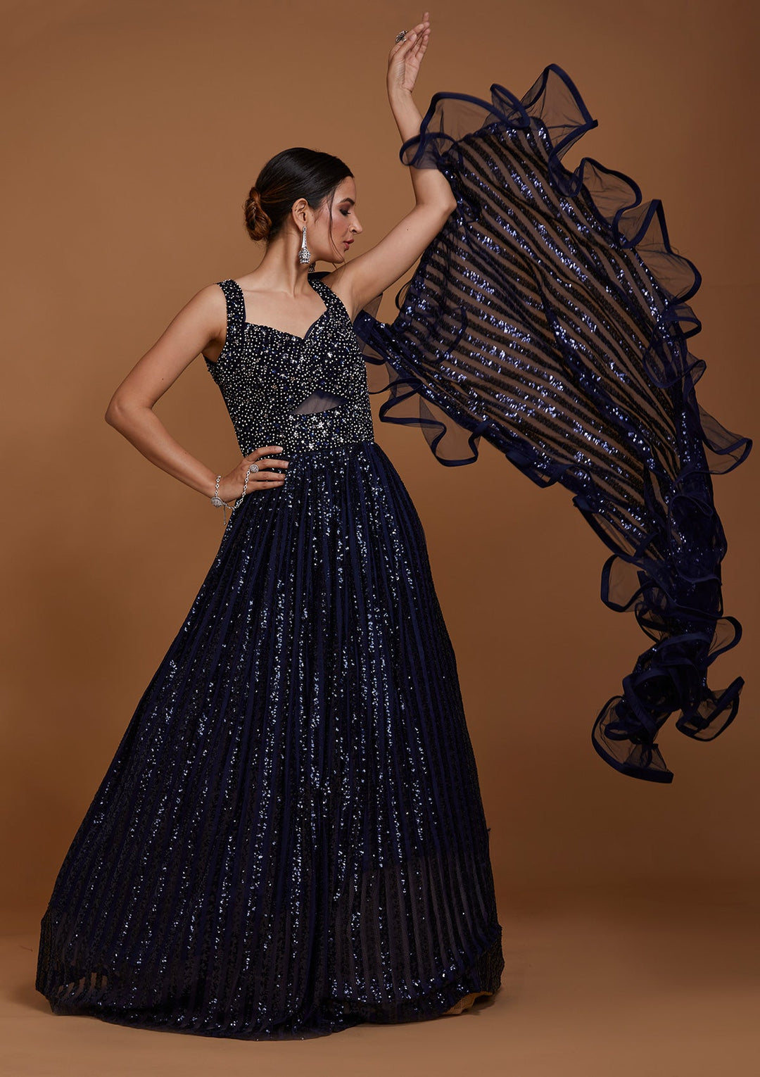 Navy Blue Sequins Net Gown-Koskii