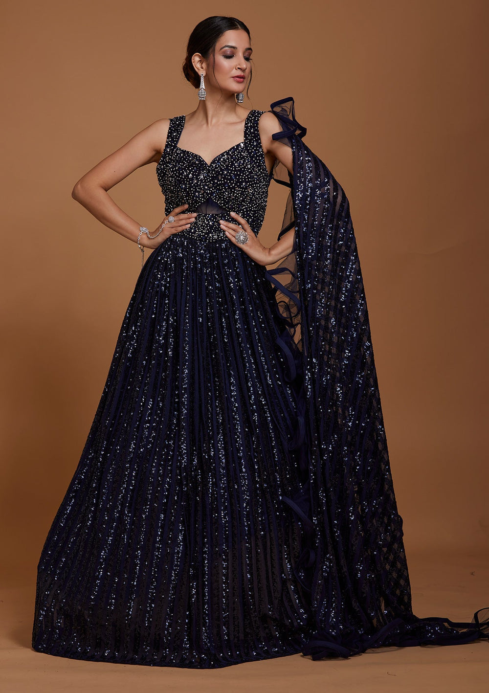 Navy Blue Sequins Net Gown-Koskii