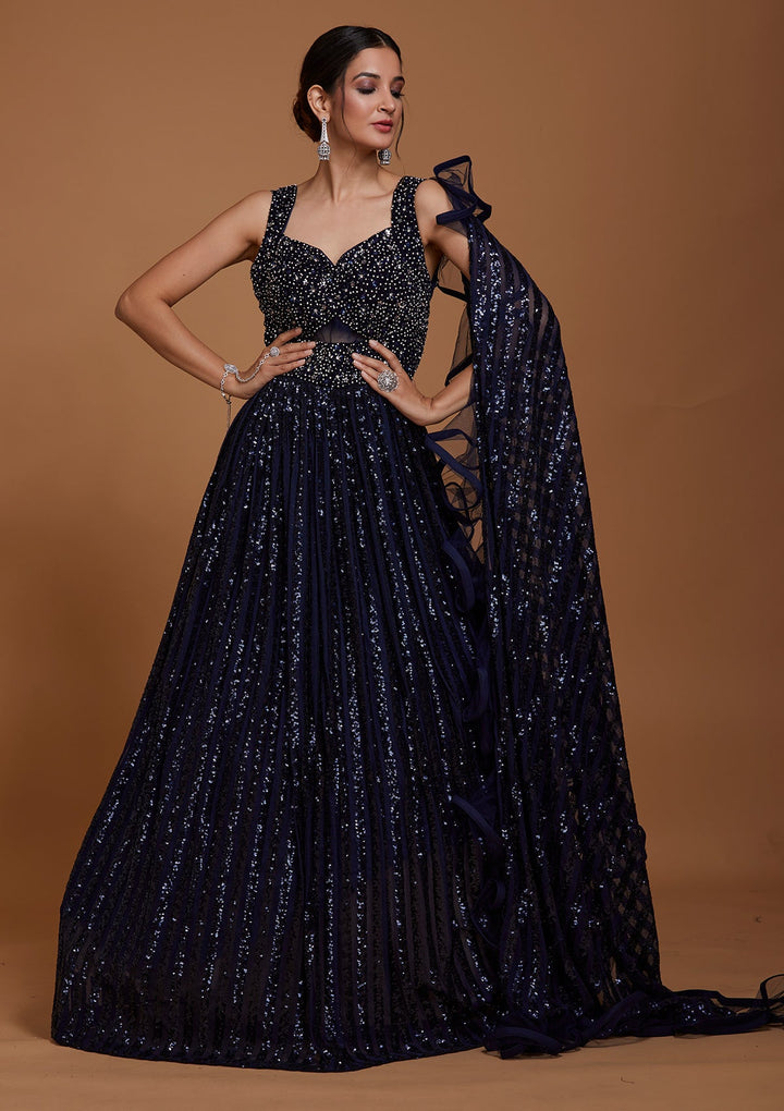 Navy Blue Sequins Net Gown-Koskii