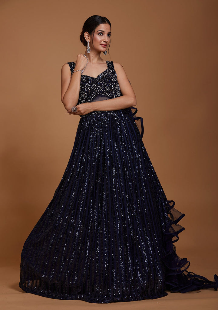 Navy Blue Sequins Net Gown-Koskii