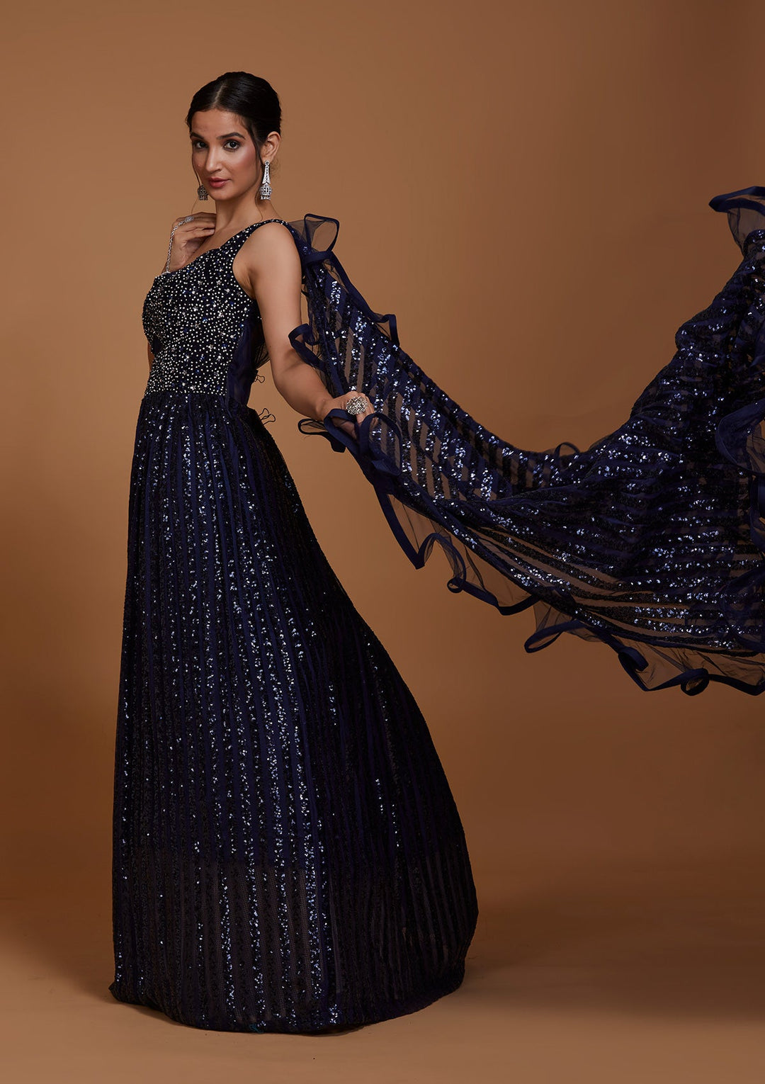Navy Blue Sequins Net Gown-Koskii