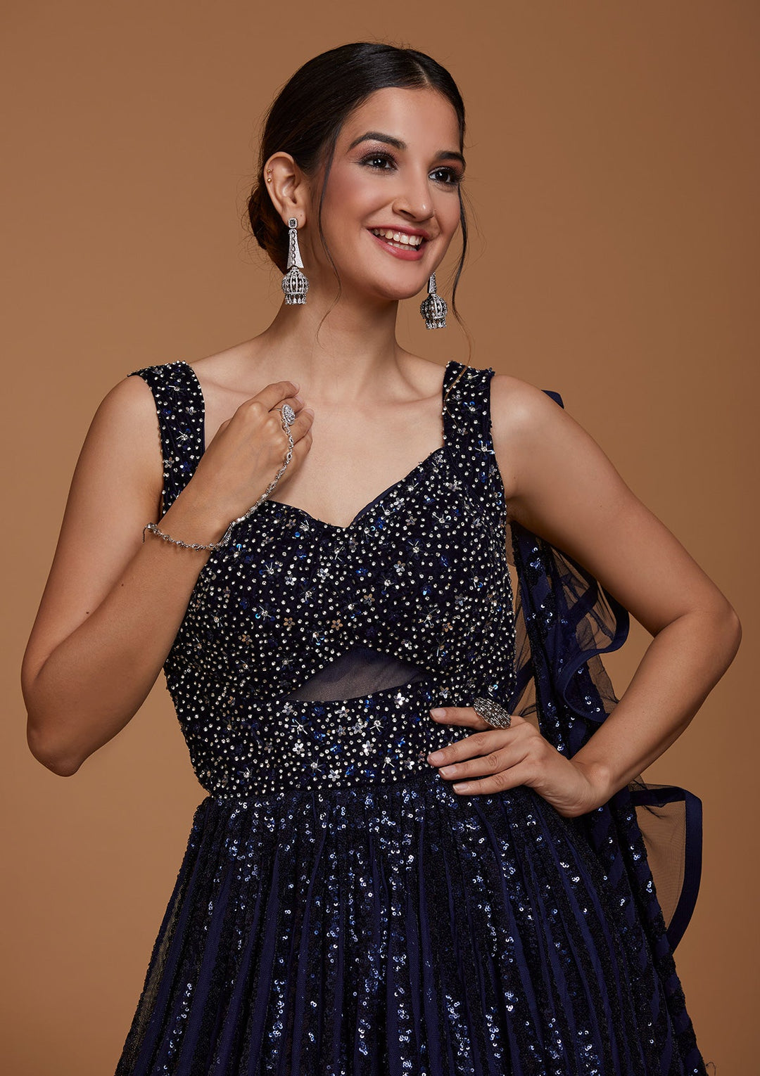 Navy Blue Sequins Net Gown-Koskii