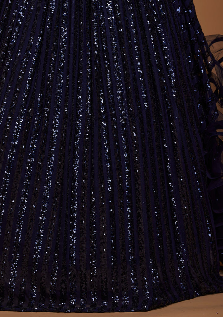 Navy Blue Sequins Net Gown-Koskii