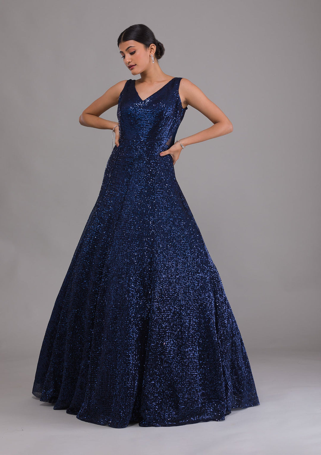 Navy Blue Sequins Net Designer Gown-Koskii
