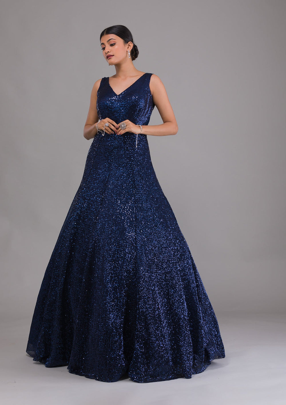 Navy Blue Sequins Net Designer Gown-Koskii
