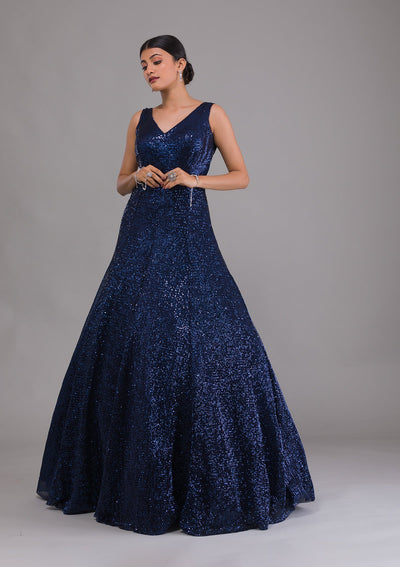 Navy Blue Sequins Net Designer Gown-Koskii