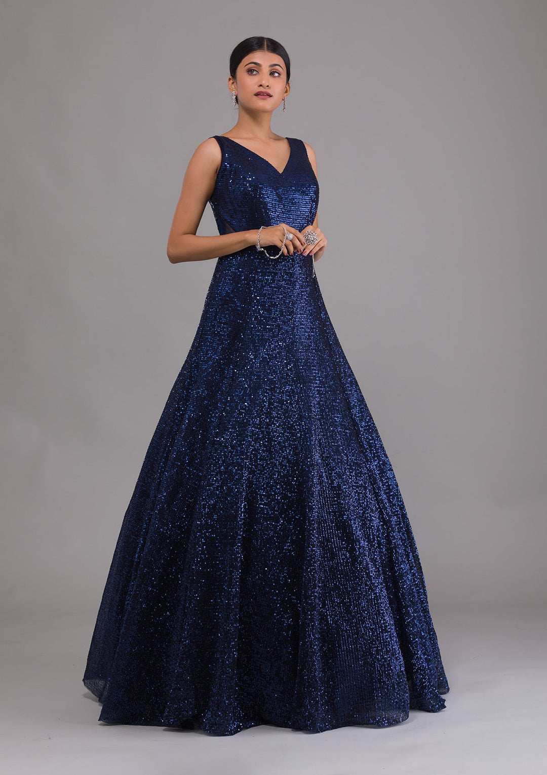Navy Blue Sequins Net Designer Gown-Koskii