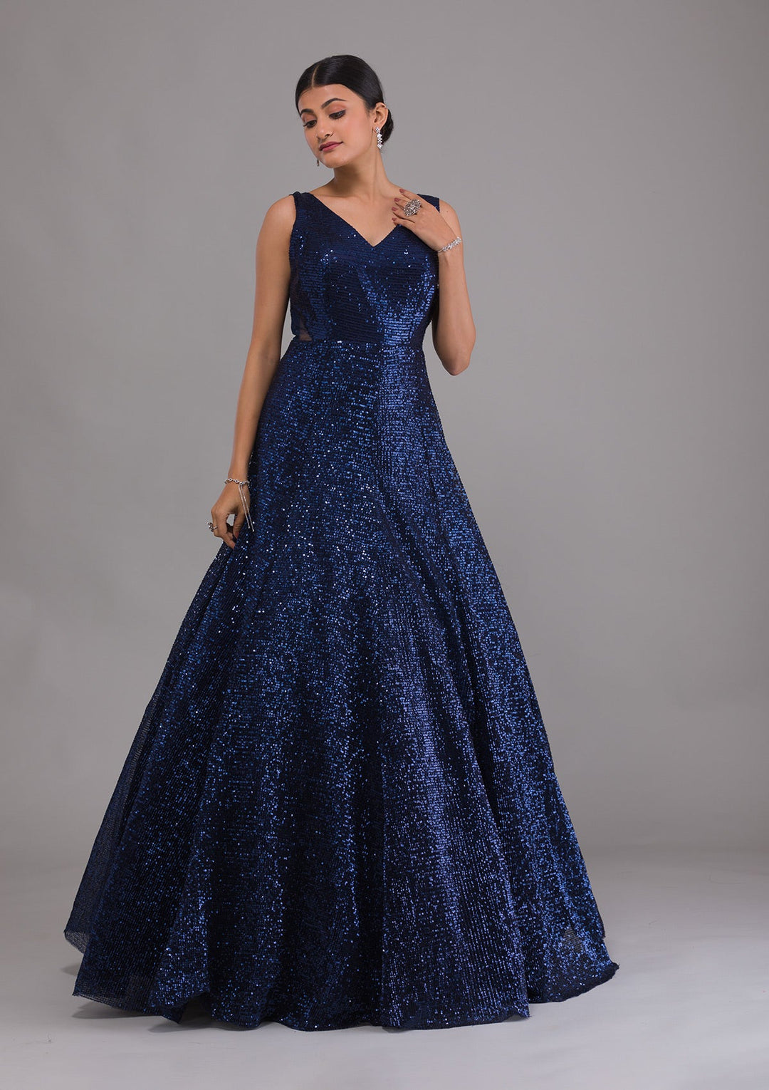 Navy Blue Sequins Net Designer Gown-Koskii