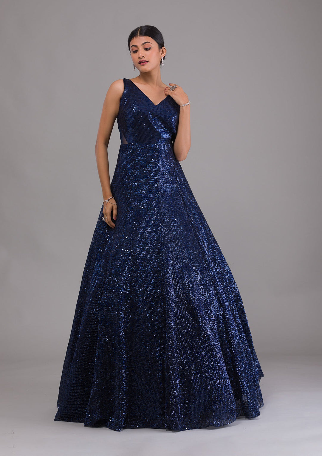 Navy Blue Sequins Net Designer Gown-Koskii