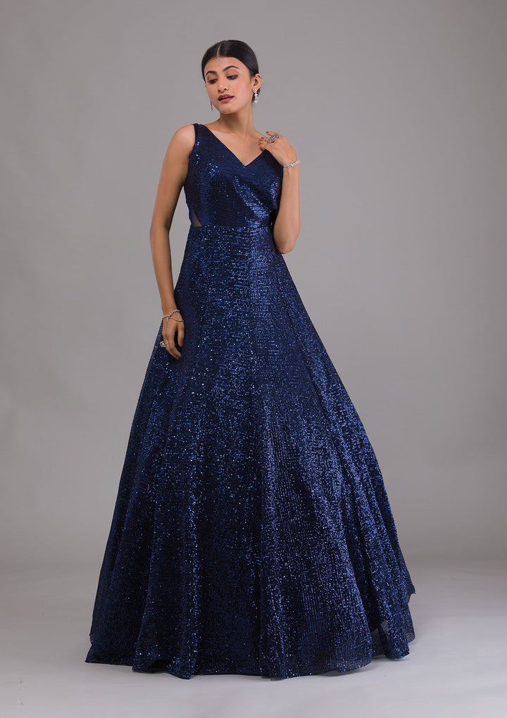 Navy Blue Sequins Net Designer Gown-Koskii