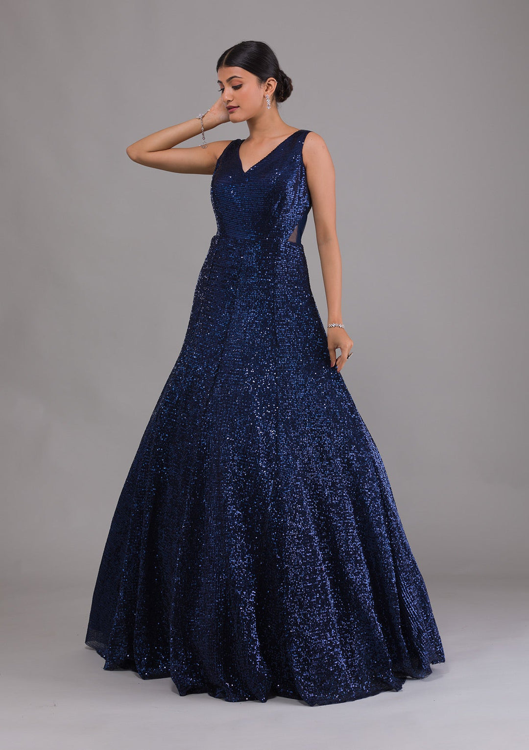 Navy Blue Sequins Net Designer Gown-Koskii