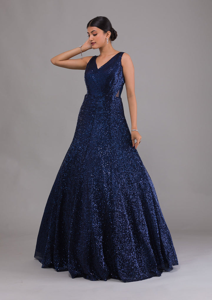 Navy Blue Sequins Net Designer Gown-Koskii