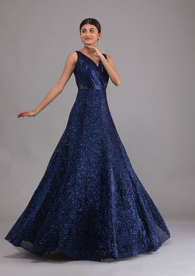 Navy Blue Sequins Net Designer Gown-Koskii