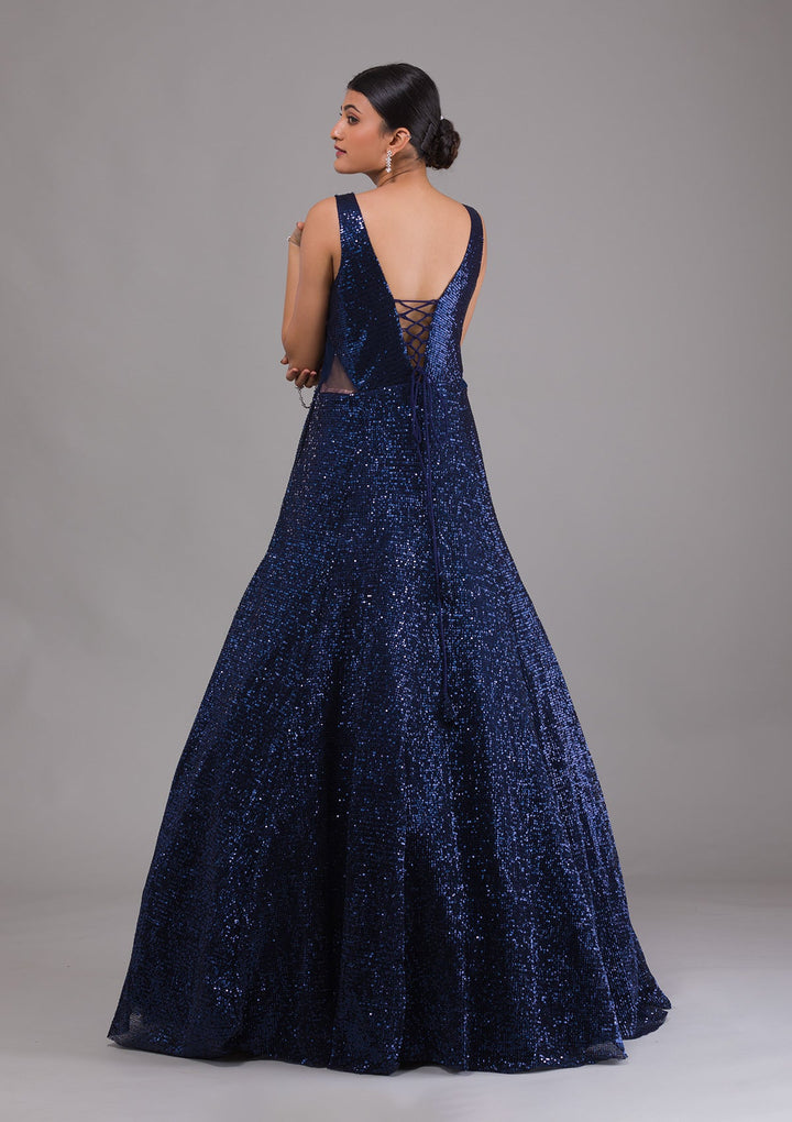 Navy Blue Sequins Net Designer Gown-Koskii