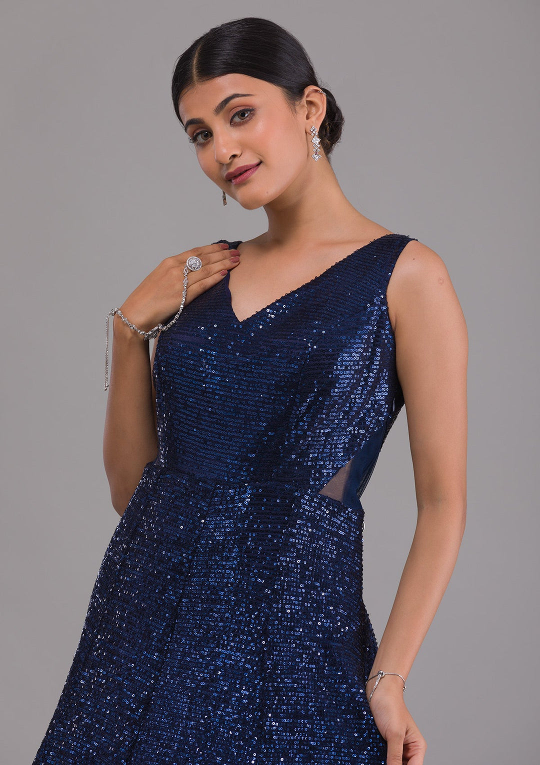 Navy Blue Sequins Net Designer Gown-Koskii