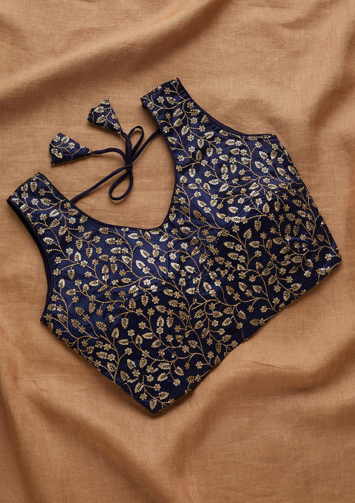 Navy Blue Sequins Raw Silk Blouse-Koskii