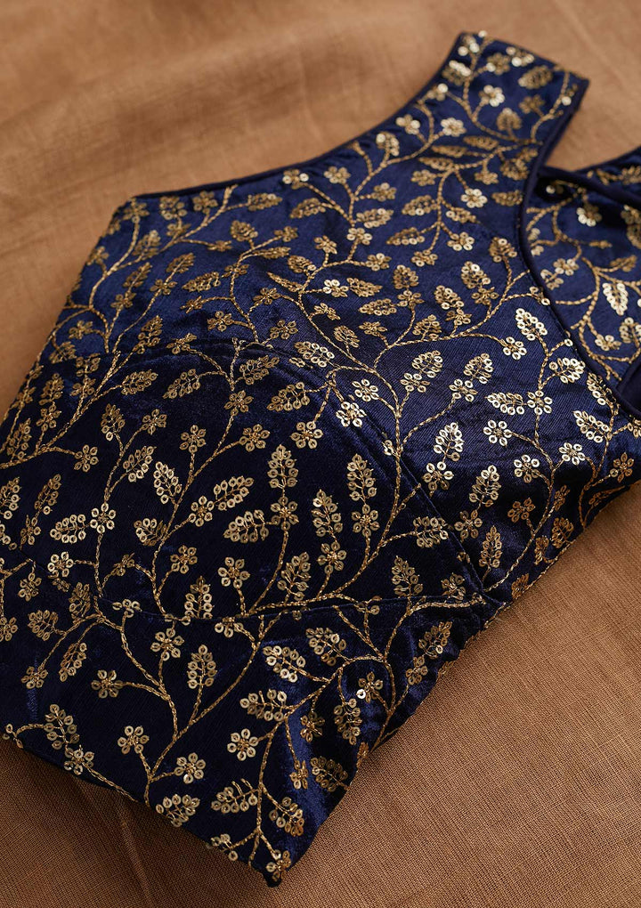 Navy Blue Sequins Raw Silk Blouse-Koskii