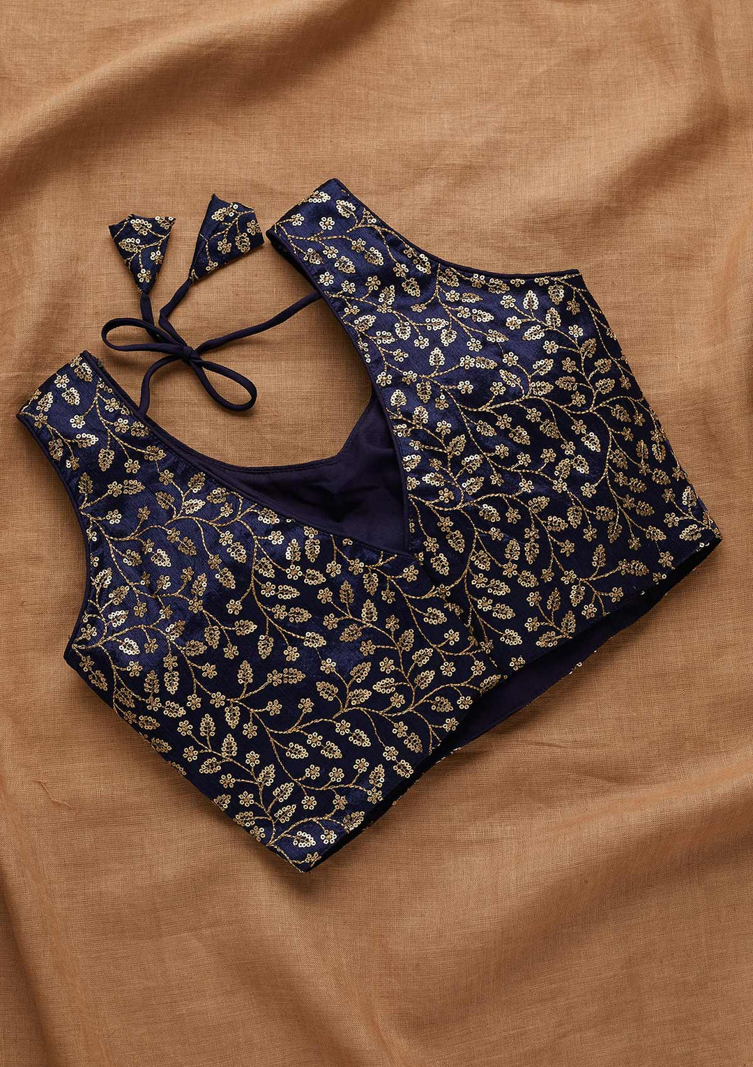 Navy Blue Sequins Raw Silk Blouse-Koskii