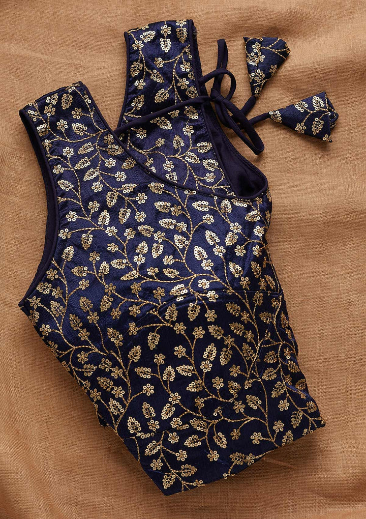 Navy Blue Sequins Raw Silk Blouse-Koskii