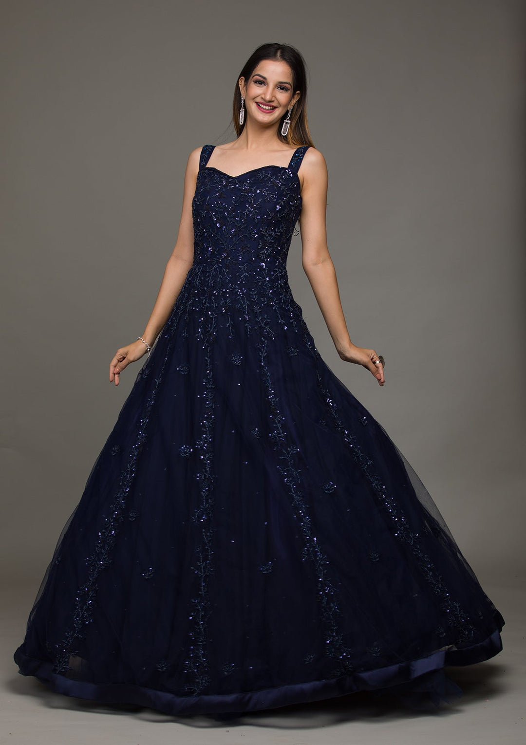 Buy Navy Blue Sequins Raw Silk Gown Koskii