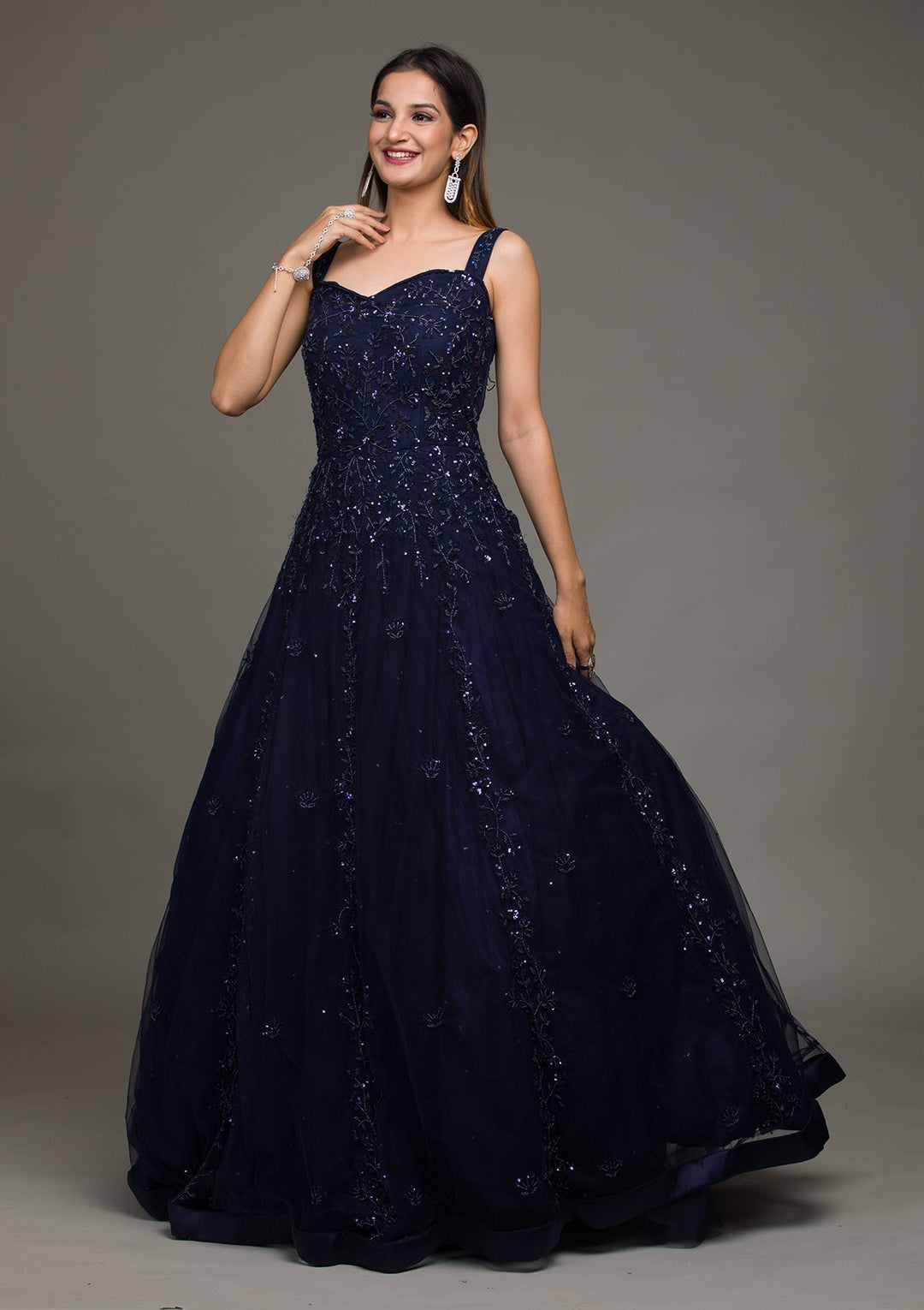 Navy Blue Sequins Raw Silk Gown-koskii