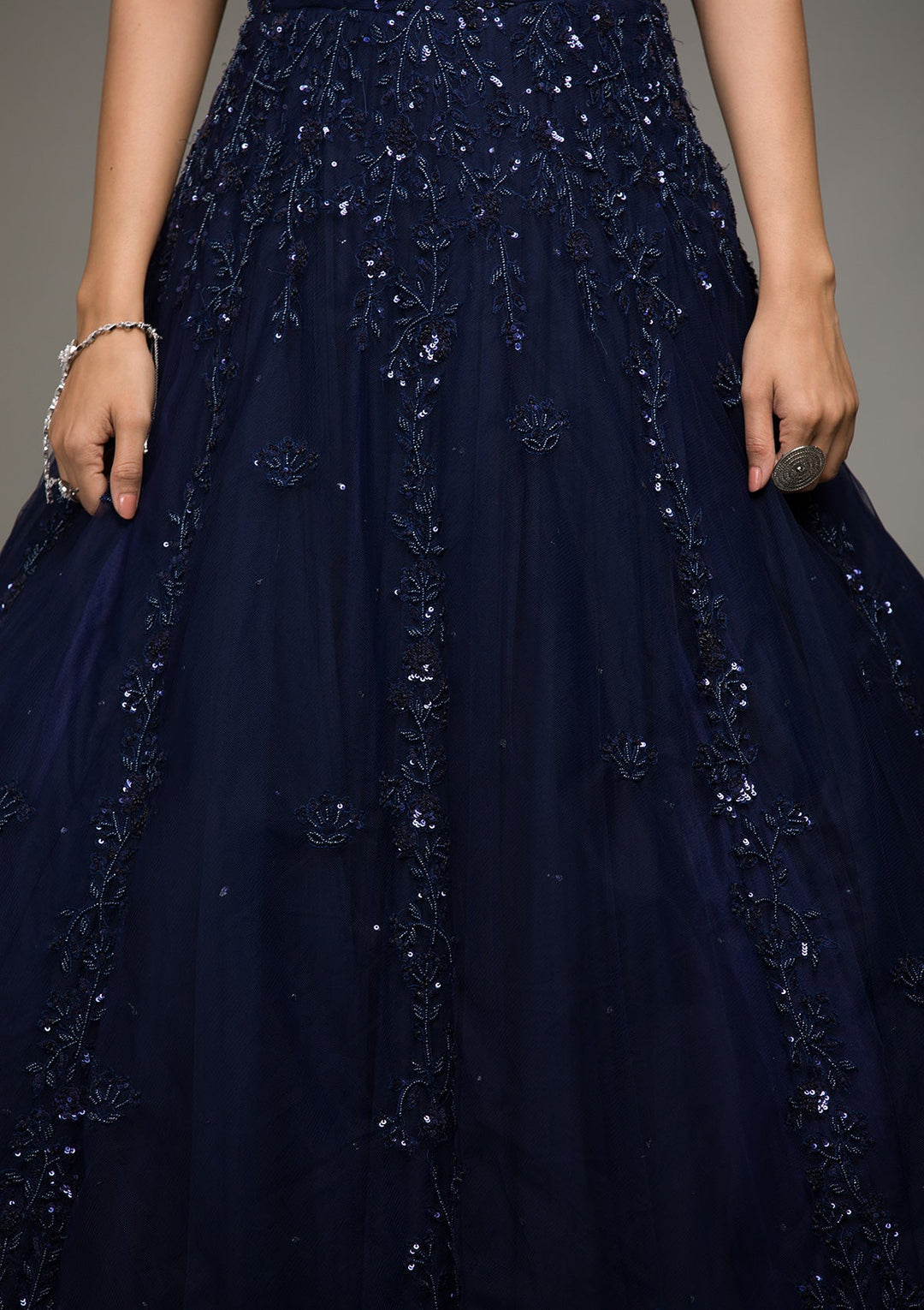 Navy Blue Sequins Raw Silk Gown-koskii