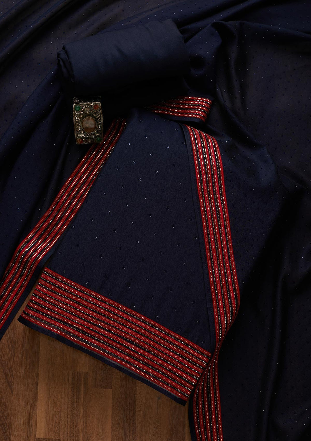 Navy Blue Sequins Raw Silk Unstitched Salwar Suit-Koskii
