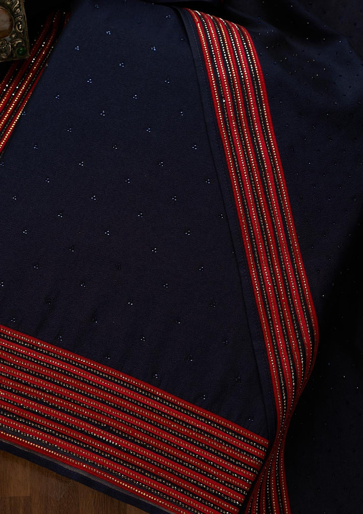 Navy Blue Sequins Raw Silk Unstitched Salwar Suit-Koskii