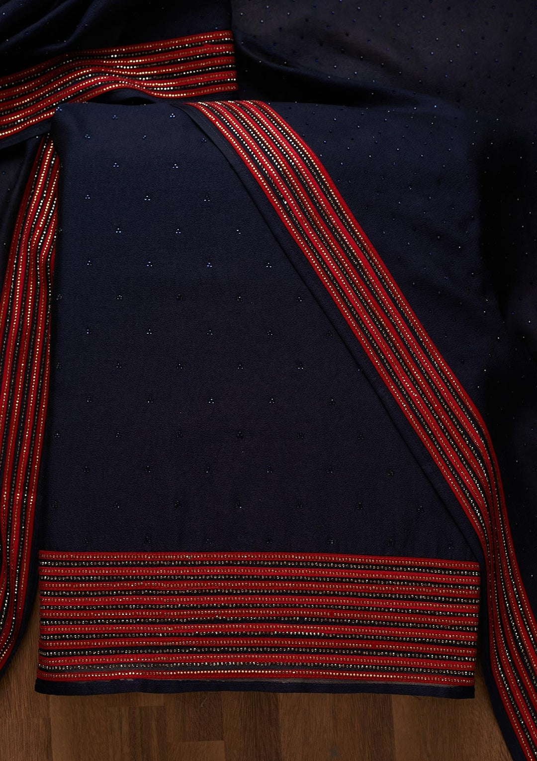 Navy Blue Sequins Raw Silk Unstitched Salwar Suit-Koskii
