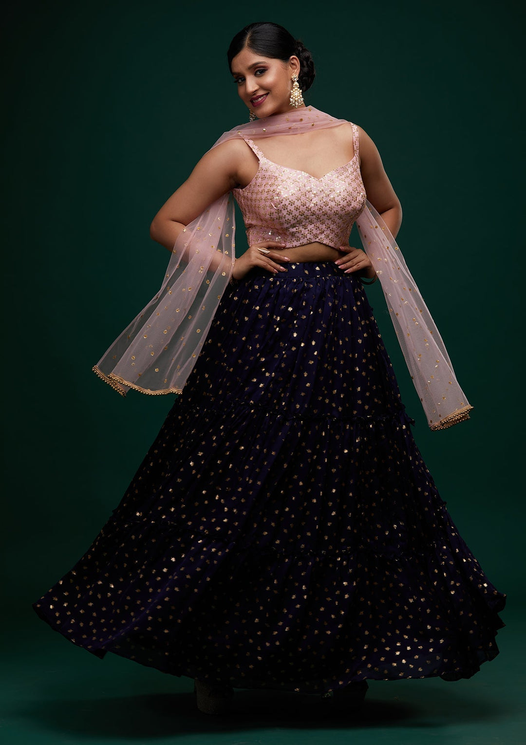 Navy Blue Sequins Semi Crepe Designer Lehenga - Koskii