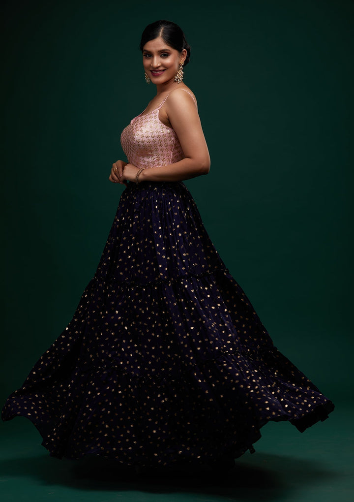 Navy Blue Sequins Semi Crepe Designer Lehenga - Koskii