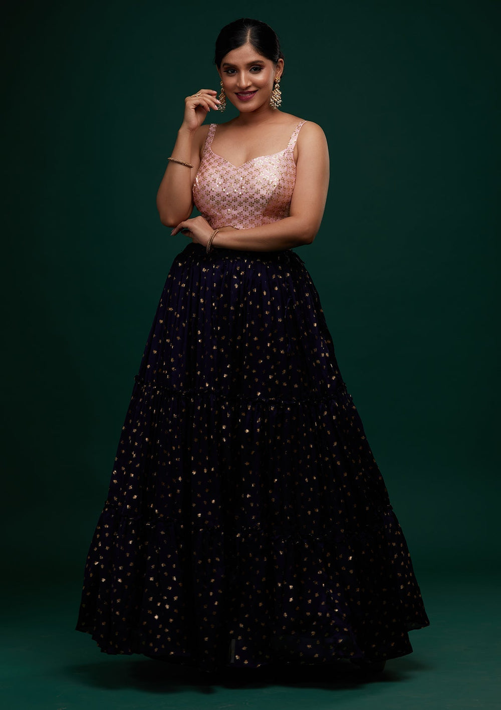 Navy Blue Sequins Semi Crepe Designer Lehenga - Koskii
