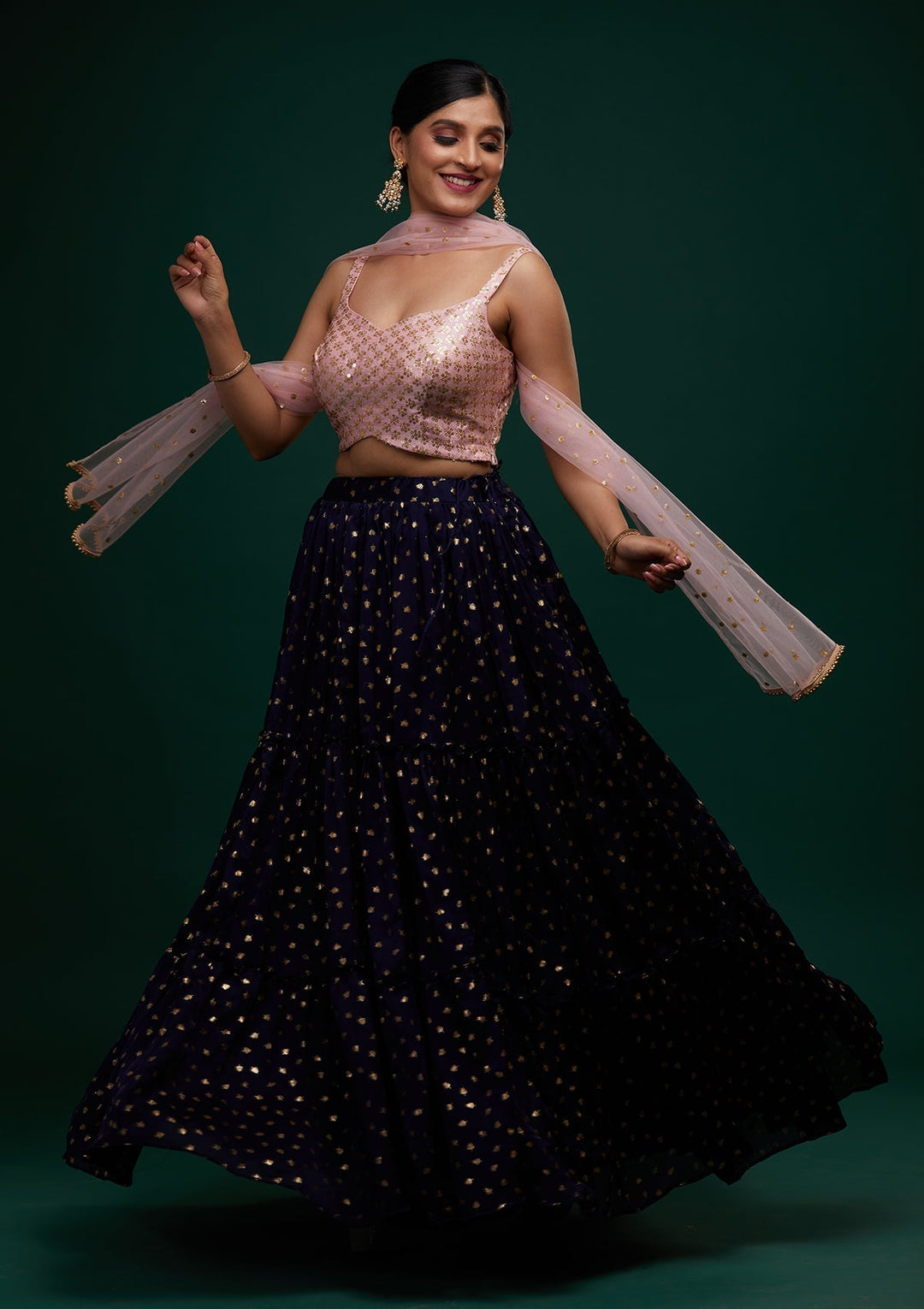 Navy Blue Sequins Semi Crepe Designer Lehenga - Koskii